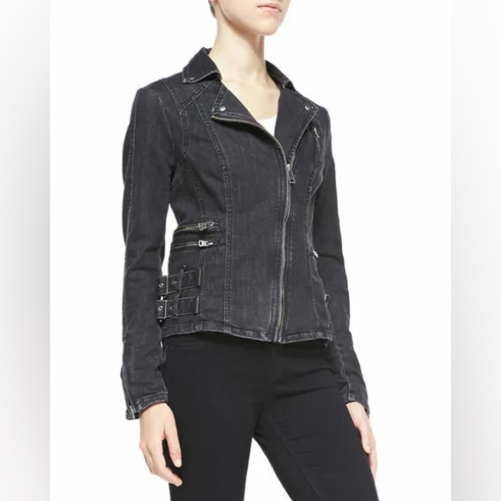 Free People Washed Black Denim Moto Jacket with Side Buckles